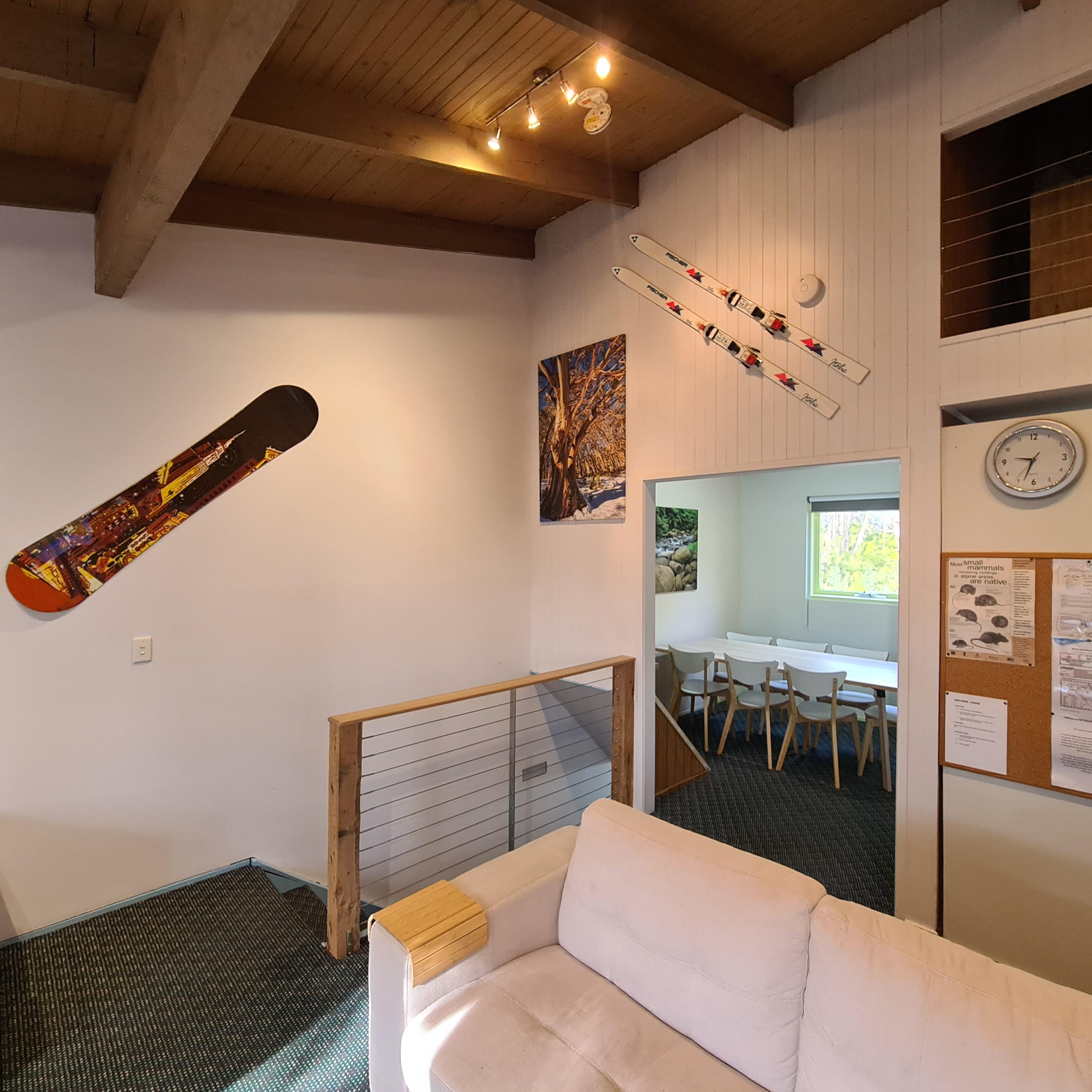 Upper level lounge with alpine ski decor